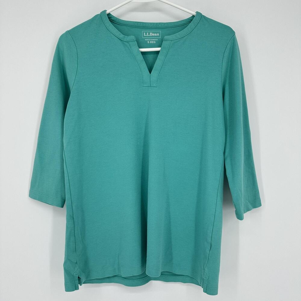 LL Bean Shirt Women Small Green 3/4 Sleeve Split Neck Pullover Casual Top Preppy